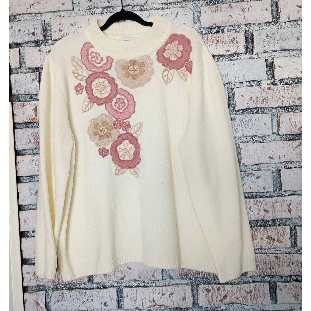 Plus Size Pink Embroidered Flowers Sweater Ribbed Mock Neck Sequins Woman 3X VTG